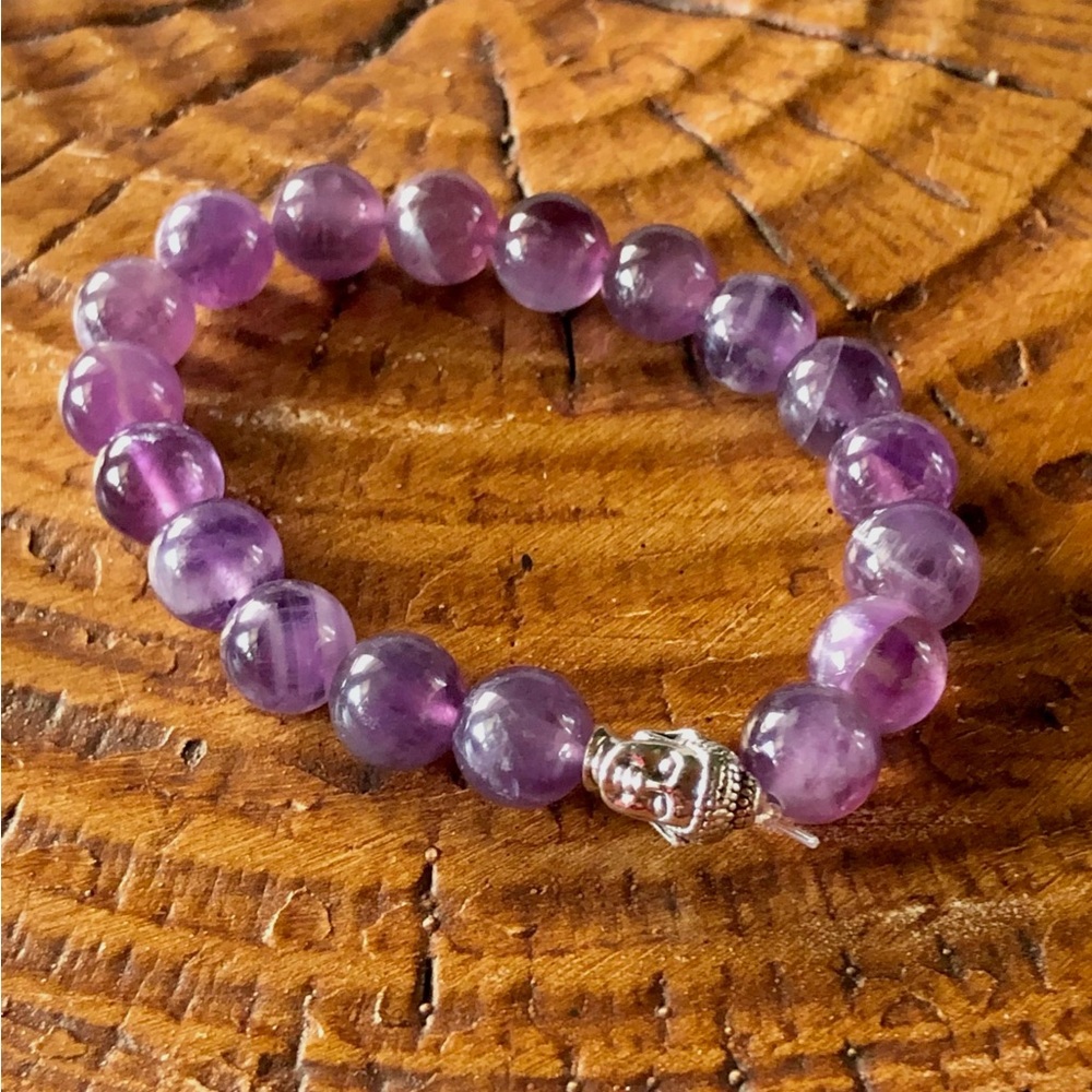 Authentic Amethyst with Silver Buddha Stretch Bracelet Color Purple